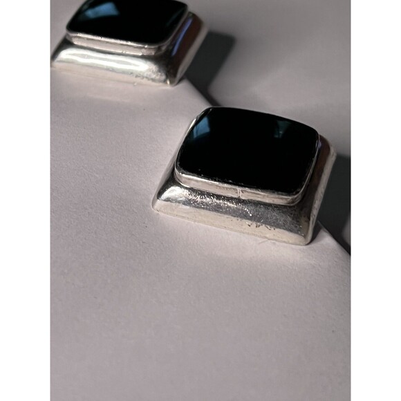 Vintage Taxco Mexico Sterling Silver Onyx Earrings 1.5 In. Square Modernist - Picture 7 of 11
